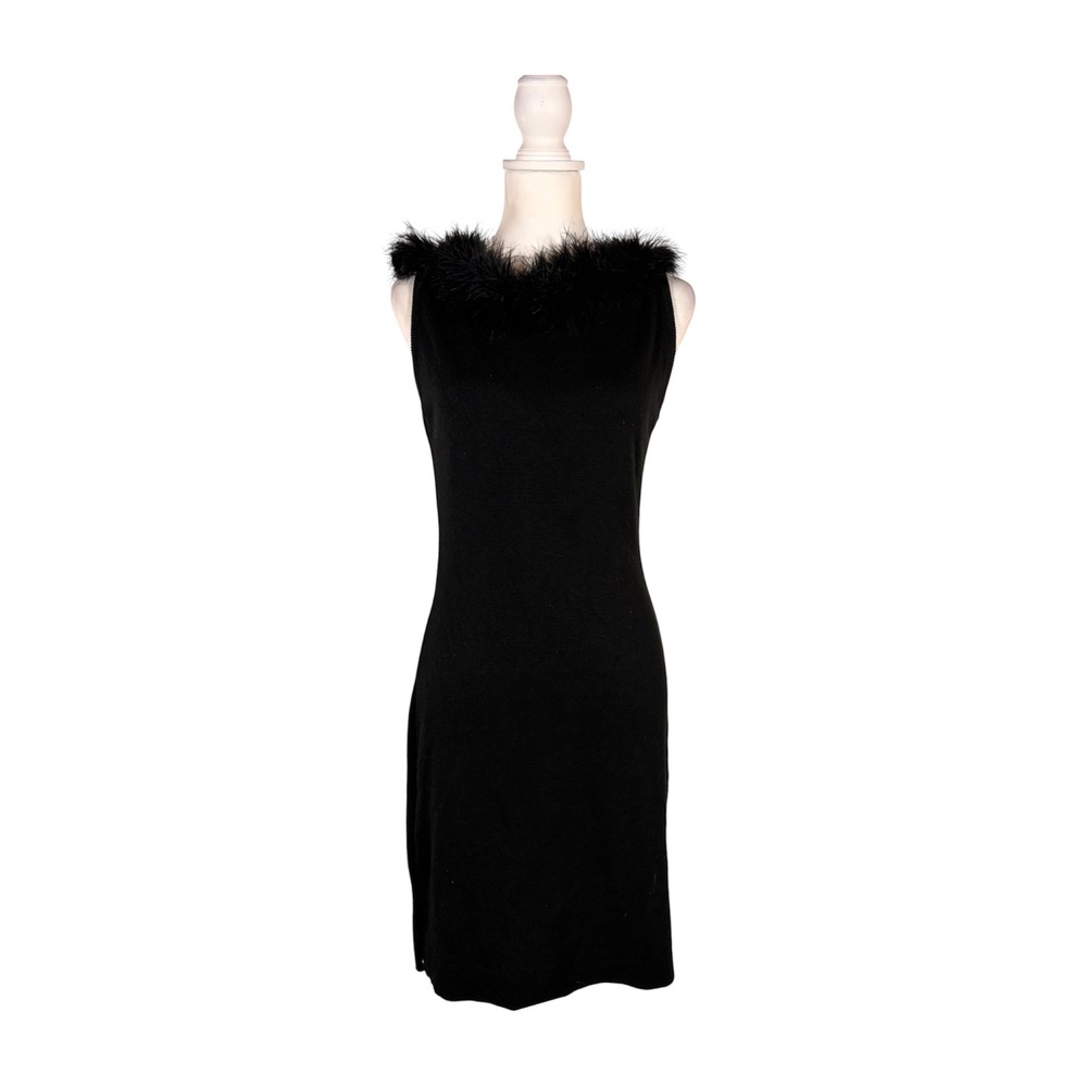 Vintage 80s Black Knit Midi Dress Med Faux Feather Siren Glam Old Hollywood Chic